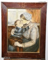 Antik festmény olaj farost anya gyermekével szignós AUKCIÓ!! (416)