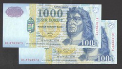 1000 forint 1999. "DC". 2 db sorszám követő! TÖKÉLETES UNC!
