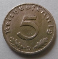 5  Pfennig sor  náci réz-alu ötvözet T1 R 1937,1938,1939
