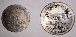 Ezüst 10 és 20 krajcár 1869 K.B. Rájuk fér egy kis tisztogatás!