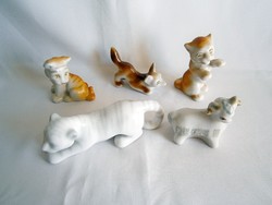 5 db régi aranyos Orosz porcelán állat figura: oroszlán kölykök, fehér tigris, róka és bárány