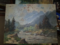 Katona Nándor, hegyi patak, 50x65 cm, farost, olaj, sérült