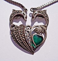 Dolphin marcasite and green stone silver necklace