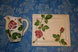 Rózsás kerámia kancsó / váza - szögletes tál, lerakó névjegynek, leveleknek