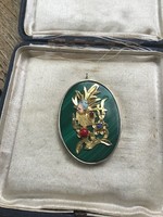 Keleti malachit medál aranyozott díszítéssel, opál kővel