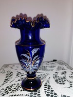Szépseges kobalt kék aranyozott fodros szélű üveg váza 