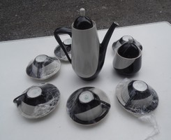 Retro régi Hollóházi fekete fehér jelzett kávés készlet kiöntő kanna csésze