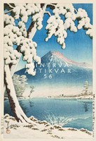 Régi japán fametszet  - Fudzsi hegycsúcs téli tájkép hó tópart 1932 Kitűnő minőségű reprint nyomat