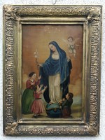 Antik, egyházi jellegű biedermeier Szentkép, festmény imádkozó gyerekek,és angyalka. Mária kígyó... 