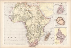 Afrika térkép 1882, eredeti, Blackie, atlasz, kis térképek, Natal, Bourbon, Mauritius, Madagaszkár