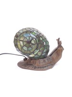 Tiffany csiga lámpa - gyönyörű zöld ólomüveg házzal - éjjeli lámpa, hangulatlámpa réz/bronz talpon