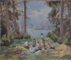 Gaál Ferenc (1891-1956): Erdei tájkép piknikező lányokkal