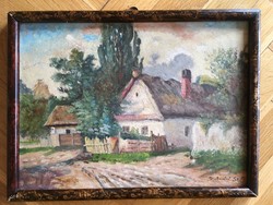 Jelzett antik festmény, falu vagy tanya tájkép, SZATMÁRI SZ. J.