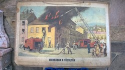 1958 szocreál Iskolai szemléltető plakát Munkában a tűzoltók