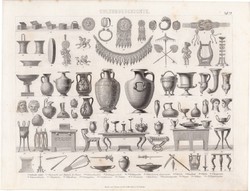 Történelem, kultúra - ókor (17), egyszín nyomat 1875, német, görög, ékszer, tárgy, eszköz, edény