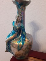 Zsolnay Szecessziós Porcelán-fajansz Váza Rajta Ülő Nőalakkal