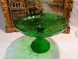 Régi zöld üveg talpas asztalközép gyümölcstartó tál