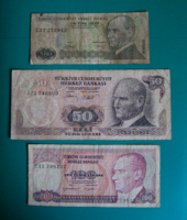 Törökország – 3 db-os Bankjegy lot –10-50-100 Líra - 1970