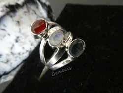 Genuine carnelian, rainbow moonstone, apatite 925 silver ring 54