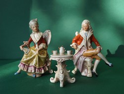 GDR Lippelsdorf ritka miniatűr barokk pár teadélután barokk hölgy férfi asztalnál német porcelán
