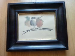 Róna Emy: Három a madárka, eredeti jelzett akvarell, 1964