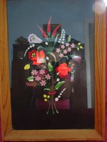 Hímzett virágcsokor kép, fekete posztóra varrt, keret mérete 48 x 33 cm. Vanneki!