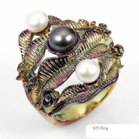 54 And genuine black and white pearl handicraft doctor 925 silver ring