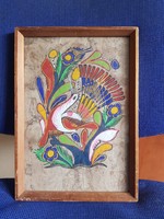 Furcsa, pergamen-szerű papírra festett madár-motívumos akvarell festmény