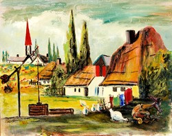 Nyergesi István (1900-1989): Faluszéli ház udvara - olajfestmény faragott kerettel