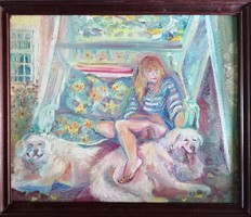 Molnár Piroska udvari életkép! Művésznő kutyákkal!?!? Mérete 50x60cm. Az ár keret nélkül értendő! 