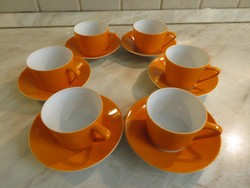 Hollóházi porcelán, retro, narancs színű kávéskészlet, kávés csésze