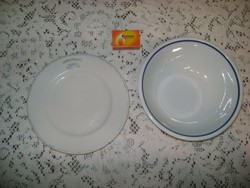Retro Zsolnay tányér - két darab - "Vendéglátóipari V. Békés megye" és kék csíkos