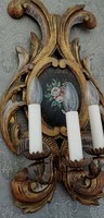 Faragott 3-karú fa falikar, falilámpa, lámpa aranyozott, kézzel festett virágmintával