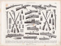 Lőfegyverek, egyszín nyomat 1875 (11), német, Brockhaus, eredeti, puska, pisztoly, revolver, Colt
