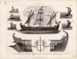 Görög ötsoros hajó, egyszín nyomat 1875 (1), német, Brockhaus, eredeti, tenger, hadihajó, evezős 