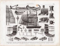 Hajó részei, egyszín nyomat 1875 (13), német, Brockhaus, eredeti, vitorla, hajótest, horgony, lánc