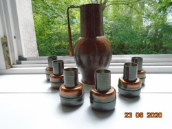 Art Deco Kalapált vörösréz kancsó 6 db óarany bronz színű pohárral