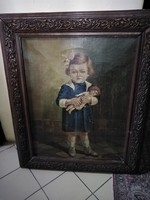 Little girl with her baby, antique painting