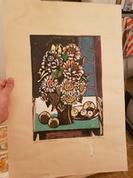 Hajdú Katalin szitanyomata, "Virágok és almák", sok festékkel, vastagon nyomva, festmény minőségben