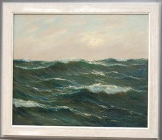 Német festő: Hullámzó tenger - olaj-vászon festmény keretben