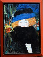 After Gustav Klimt: lady in a hat with a feathered boa - contemporary oil painting