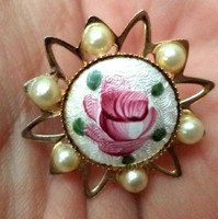 Vintage retro pearl guilloche hand painted porcelain kituzo brooch