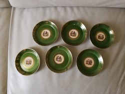 Scenic, figural 6 bowls, plates, 2 scenes! Gilded on a green background, Czech, altwien character!
