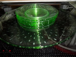 Zöld üveg art deco süteményes készlet