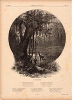 Az erdőben (2), fametszet 1881, metszet, nyomat, 22 x 27 cm, Ország - Világ, erdő, őz, vers