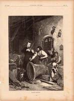 Hang - próba (2), fametszet 1881, metszet, nyomat, 21 x 29 cm, Ország - Világ, harang, hegedű