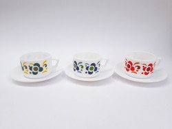 Retro üveg mokkáscsészék, eszpresszós kávés készlet 3 személyre vidám színes mintával Arcopal france