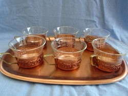 Hőálló teás, poharak ötvős réz  tartóban nem használt antik darabok hibátlan cca 2 dl saját réz tálc