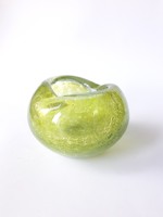 Retro karcagi (berekfürdői) fátyolüveg hamutál - zöldes sárga repesztett üveg hamutartó váza