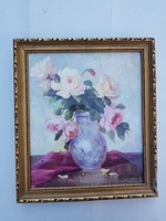 Almády István virágcsendélet festménye, vászon, olaj, üveg mögött, kb.30x40